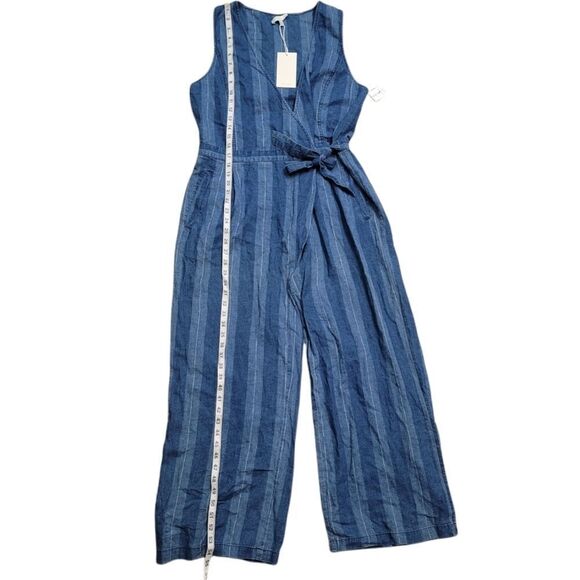 JOIE Xenia Cropped Striped Linen And Cotton-blend Wrap Jumpsuit In Ocean - Picture 11 of 14